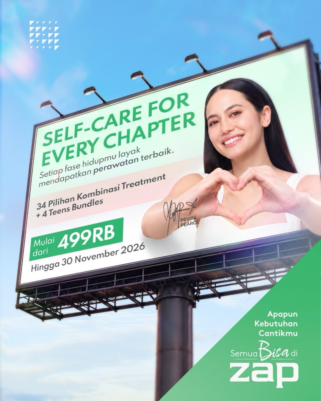 Poster iklan ZAP Clinic: Self-Care for Every Chapter, 34 pilihan kombinasi treatment dan 4 teens bundles